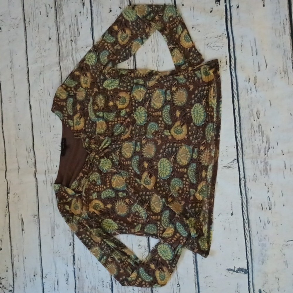Jane & Delaney Brown Blue Floral Print Long Sleeve Y2K Style Top Blouse XL